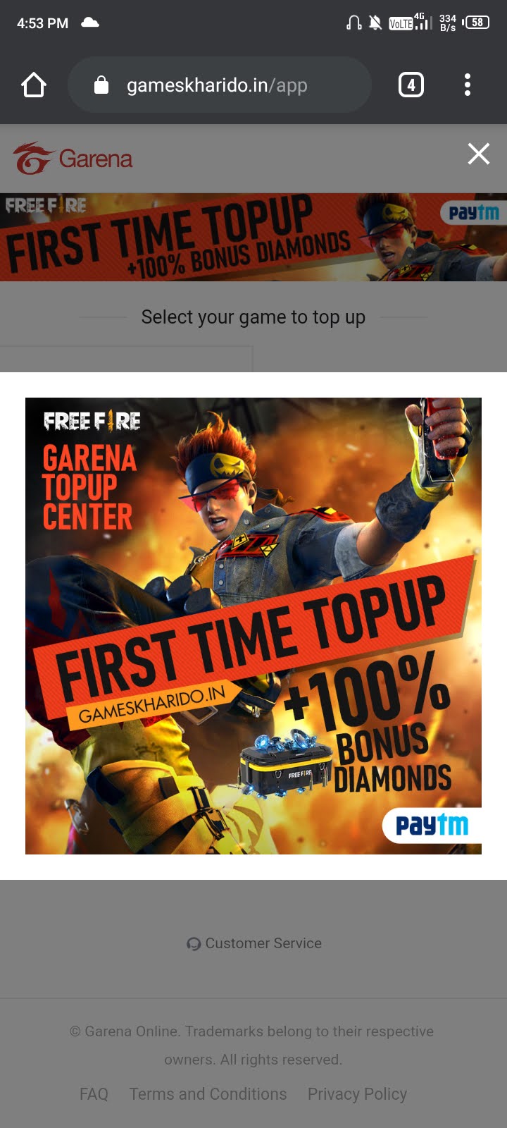 Free Fire First Time Diamond Top Up Promo