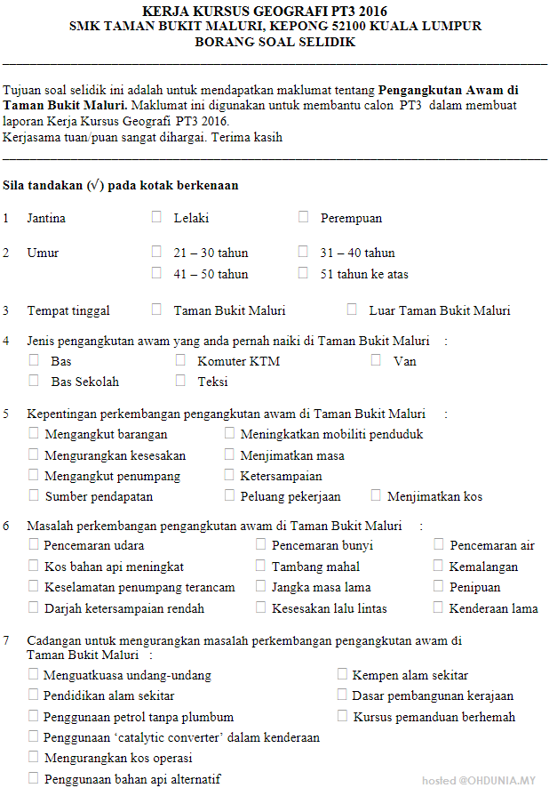  PT3 2016 Contoh Borang Soal Selidik Kajian Pengangkutan  OhDuniaMy