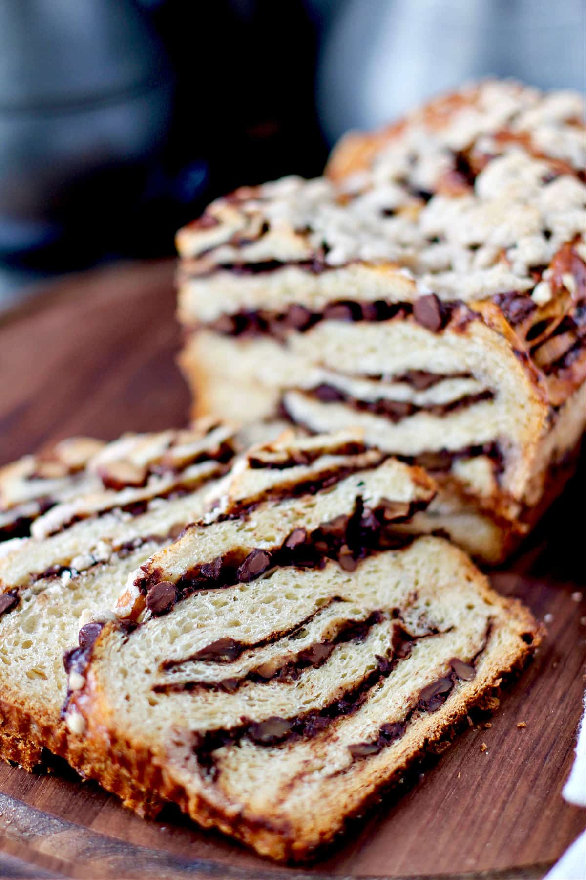 Chocolate Walnut Babka on cutting board.