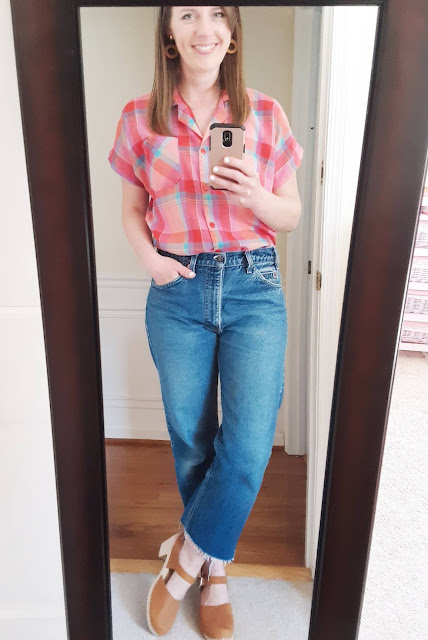 plaid camp shirt, thrifted Levi's jeans, orange tab Levi's outfit, vintage outfit, Catholic Mom style, bright plaid outfit