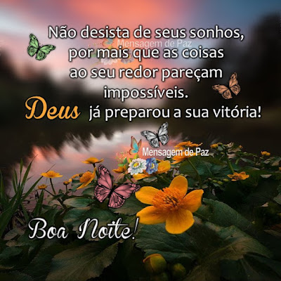 Não desista de seus sonhos,  por mais que as coisas  ao seu redor pareçam impossíveis. Deus já preparou a sua vitória! Boa Noite!