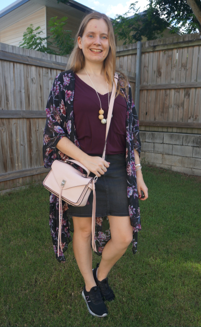 wine tee with denim skirt sneakers and dark floral print kimono blush pink darren bag | awayfromblue