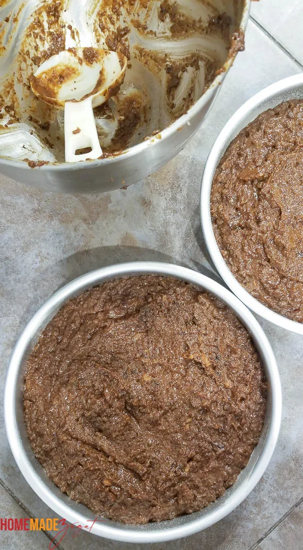 Cake batter shared out into pans for baking