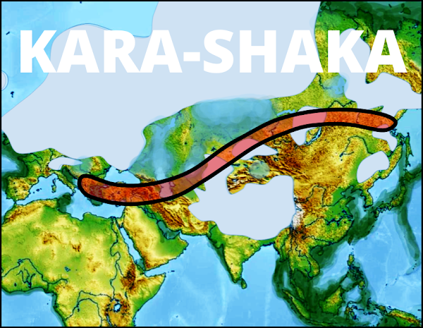 map of Eurasia during the Ice Ages. Kara-Shaka is the dry elevated lands that go along the marshes from Siberia to Europe