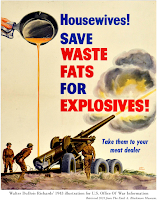 1943 'Housewives! Save waste fats for explosives!' poster by Walter DuBois Richards. Skillet pouring grease into gun emplacement.