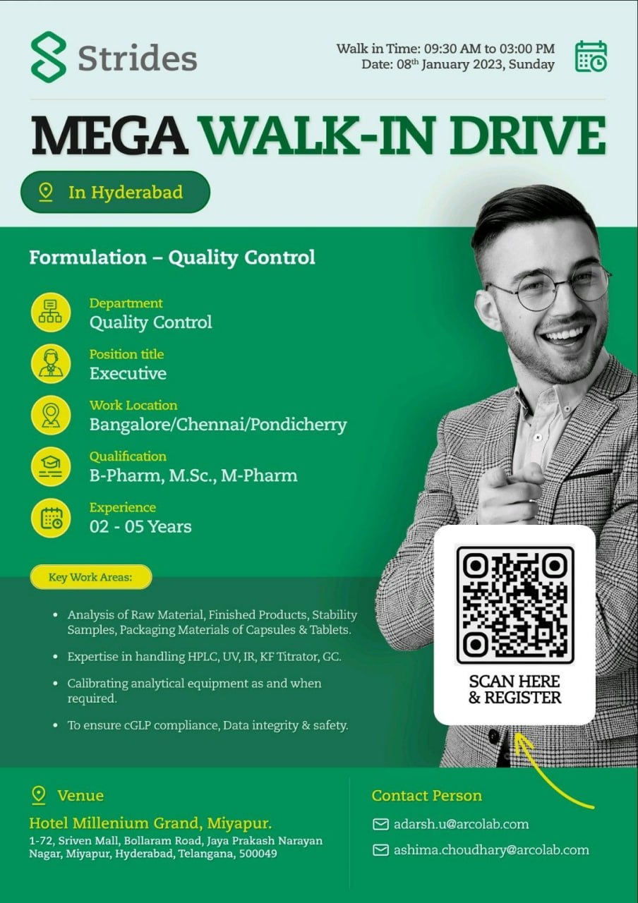 Job Availables, Strides Walk In Interview For Quality Control Department For B Pharm/ MSc/ M Pharm