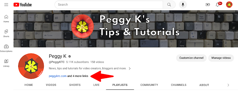 Screenshot showing updated YouTube channel header where it shows "peggyktc.com and 4 more links"
