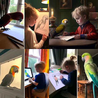 children studying in the house and then place a picture of a parrot in the north direction