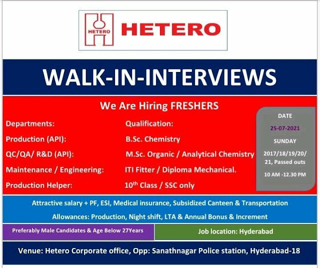 Job Availables, Hetero Walk-In Drive for Freshers in Production/ QA/ QC/ R&D/ Engineering/ Maintenance