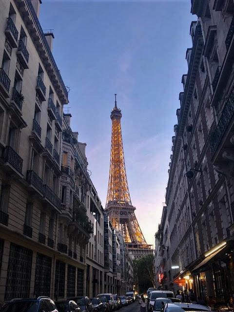 Looking along a Parisian street to the Eiffel Tower