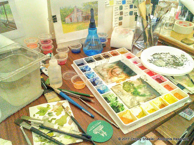 Another glance at the messy work table during a painting session. 