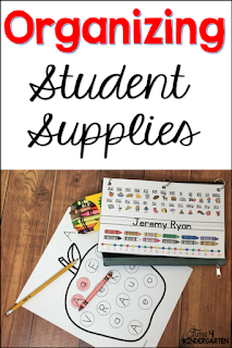 student classroom supplies, scissors, crayons, glue sticks how to organize them.  Do you use community supplies or personal boxes or pouches.