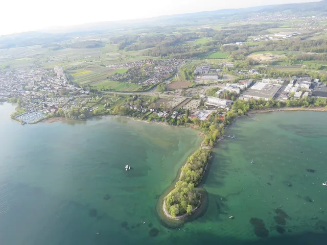 View of the shoreline of Lake Constance from a zeppelin in Germany