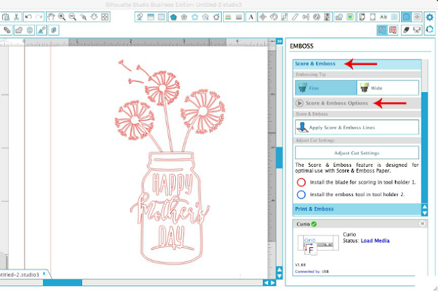 Silhouette Curio, Silhouette tutorial, emboss, score and emboss options