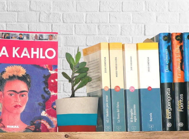 macetita con libros y Frida Kahlo