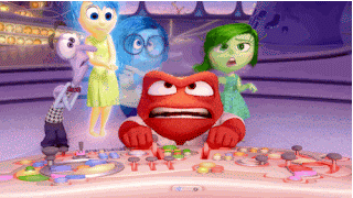 Gif from Inside Out (2015) Anger grabs the brain's controls and his head ignites as the other emotions watch