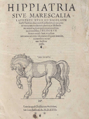 Laurentius Rusius.<br />Hippiatria. (Parijs: C. Wechel, 1532). Titelpagina.