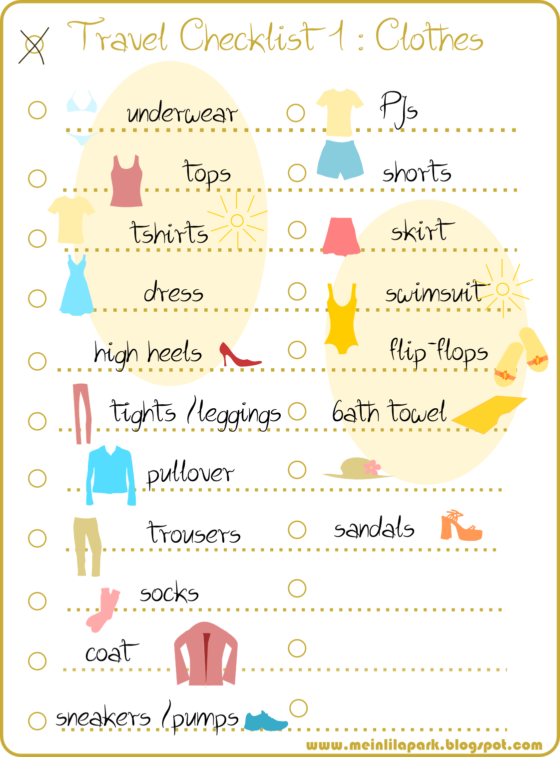 Download free printable travel checklist part 1: clothes - colorful ...