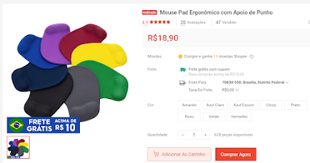 Mousepad com apoio de punho por menos de R$ 20 na Shopee