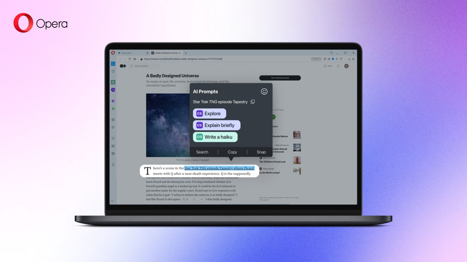 Opera browser aggiunge nuove funzionalità AI con ChatGPT