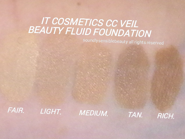 It Cosmetics CC Veil Beauty Fluid Foundation SPF 50 Cushion Compact; Review & Swatches of Shades Fair, Light, Medium, Tan, Rich