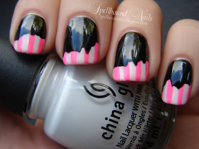 nails nailart nail art mani manicure Spellbound Sinful Colors China Glaze White Pink neon hot bright stripes tape black taped ragged drip run tips