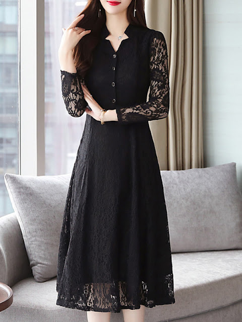 V Neck Single Breasted Lace Plain Maxi Dress Black