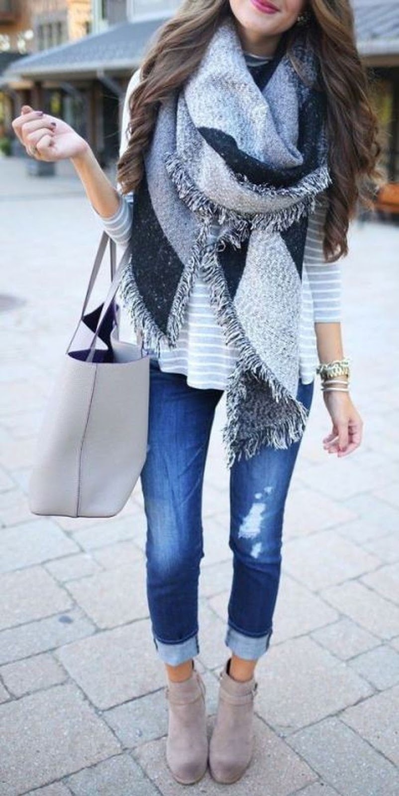 awesome winter outfit / striped top + scarf + bag + skinnies + boots