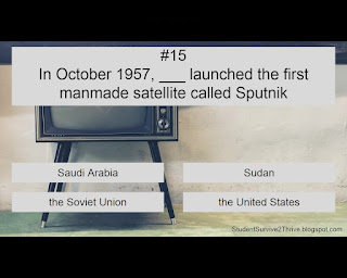 In October 1957, ___ launched the first manmade satellite called Sputnik. Answer choices include: Saudi Arabia, Sudan, the Soviet Union, the United States