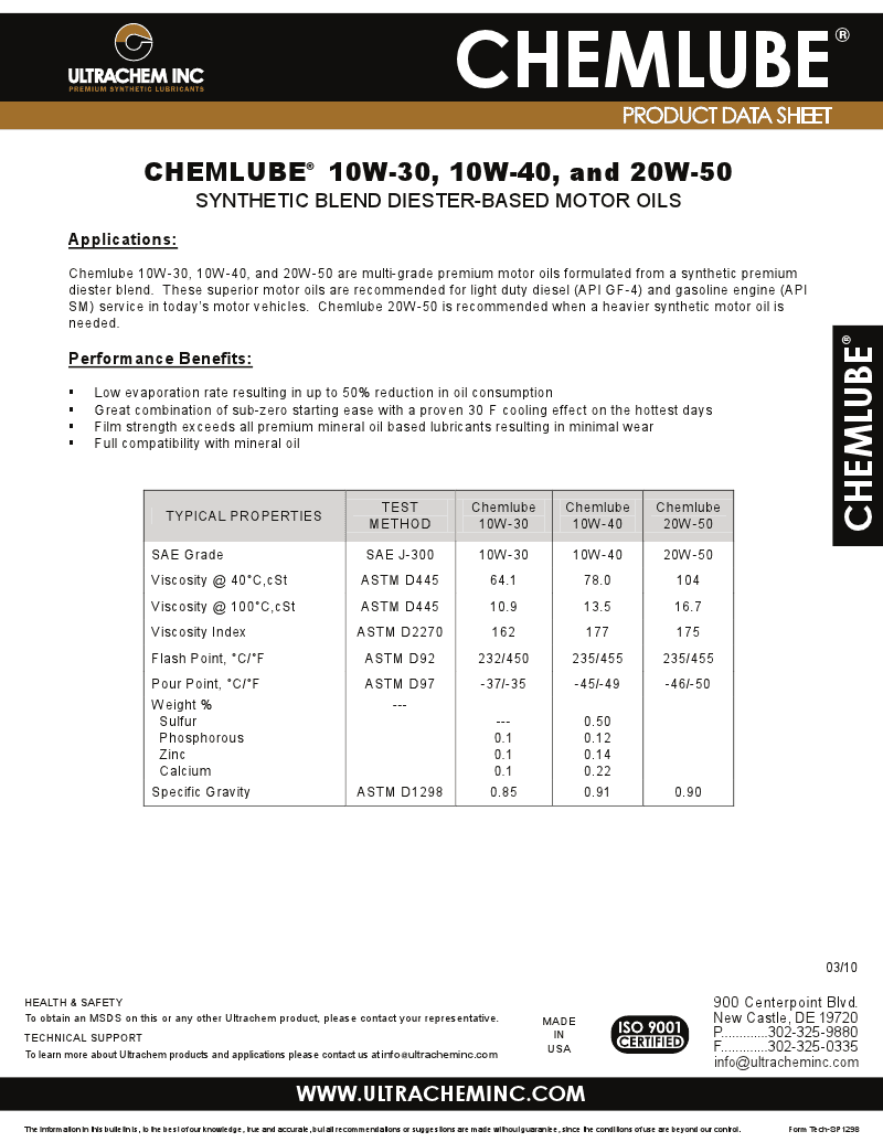 Chemlube Multi Grade Motor Oils Product Data Sheet