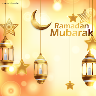 Ramadan Mubarak Images golden fanoos lanterns crescent moon