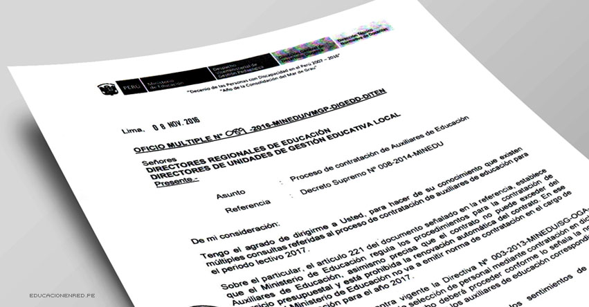 OFICIO MÚLTIPLE N° 089-2016-MINEDU/VMGP-DIGEDD-DITEN - Proceso de contratación de Auxiliares de Educación 2017 - www.minedu.gob.pe