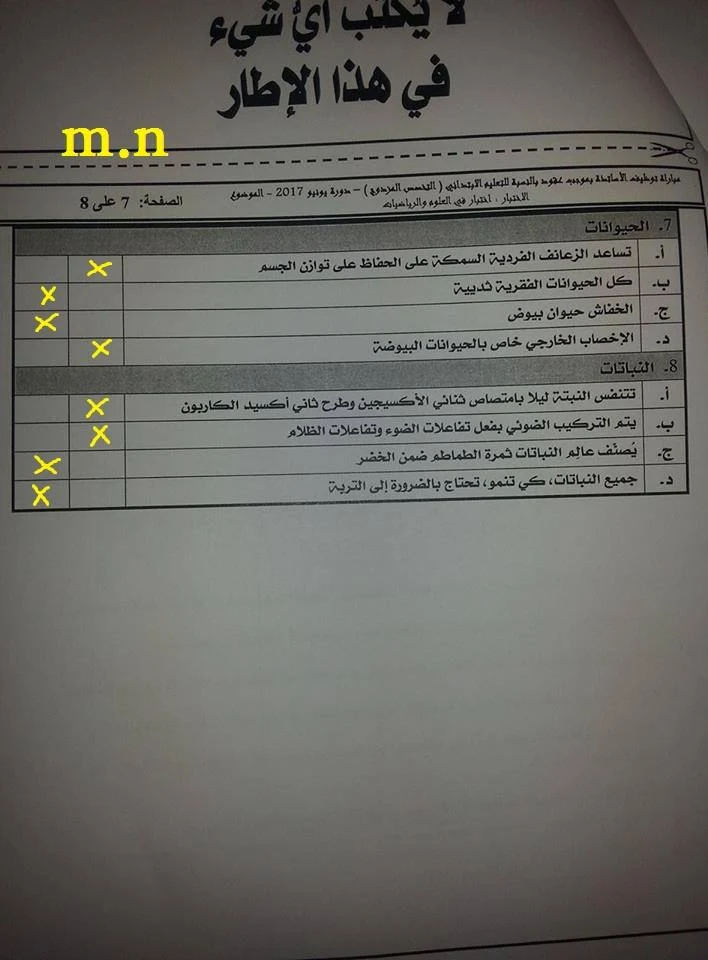 مواضيع وعناصر الاجابة لمباراة التعاقد لمادة العلوم للسلك الابتدائي 