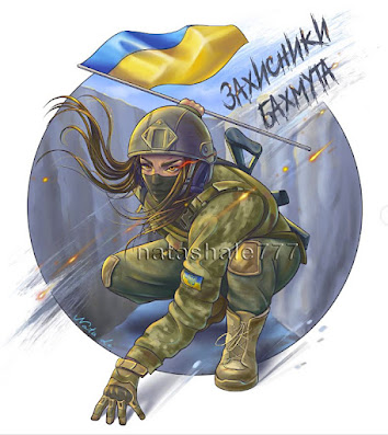 "Defenders of Bakhmut": painting of a woman soldier under fire in a trench holding up a Ukraine flag