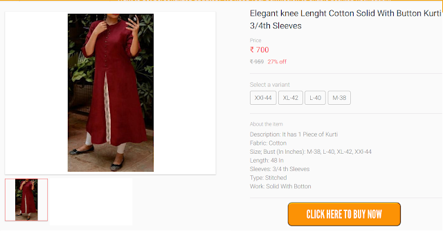  Elegant knee Lenght Cotton Solid With Button Kurti 3/4th Sleeves