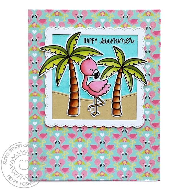 Sunny Studio Stamps Fabulous Flamingos Palm Tree Card by Mendi Yoshikawa (using Summer Splash 6x6 Paper)