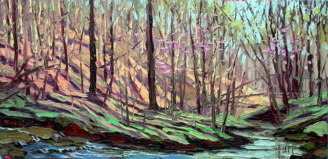 Along Sciscoe Creek, April 12, 2011, Plein air oil painting, 12″ x 24″.