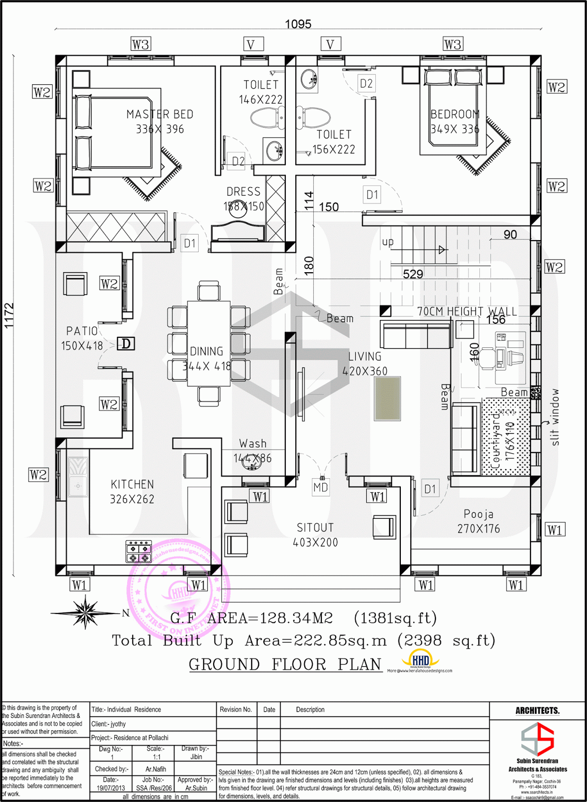 Floor plan and elevation of 2398 sq ft contemporary villa 