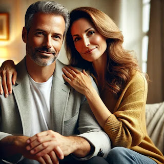 A confident middle-aged man sitting closely with his wife, symbolizing restored intimacy and connection in a long-term relationship.