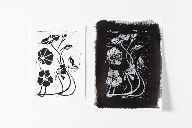 nasturtiums, block prints, lino cuts, nasturtium block prints, Anne Butera, My Giant Strawberry