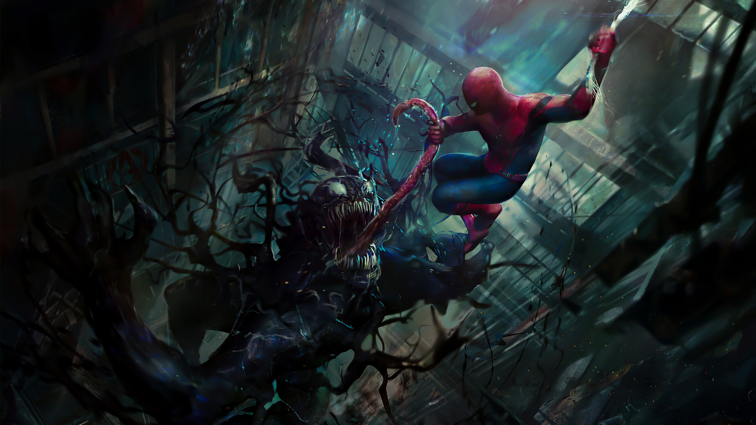Illustration with Spider-Man fighting versus Venom. It's a cool image to use as background wallpaper on laptop and PC Desktop.