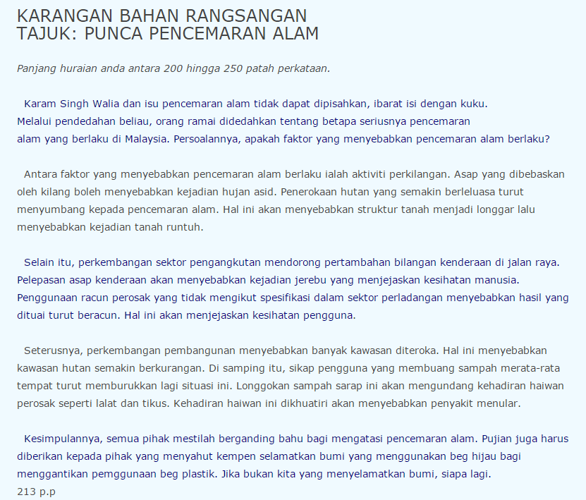 Contoh Karangan 250 Patah Perkataan