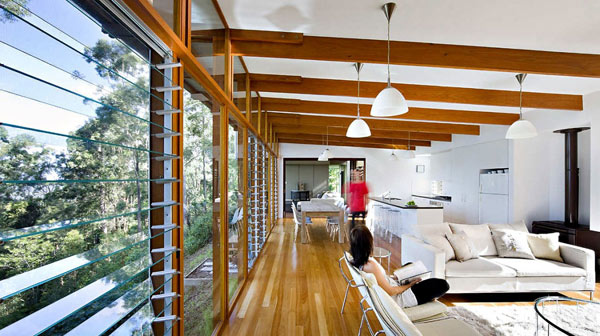 Photo of modern living room and big glass windows