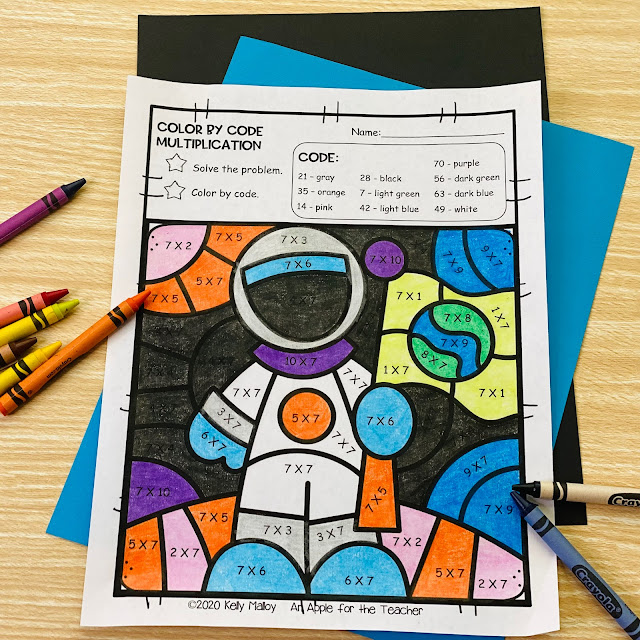 Space Themed Color by Number Multiplication Coloring Pages