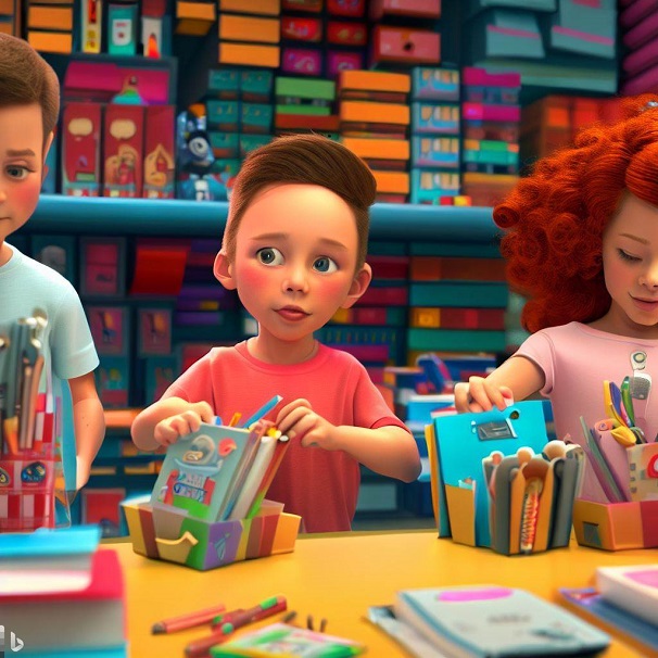 Three children are choosing newly made stationery at a shop