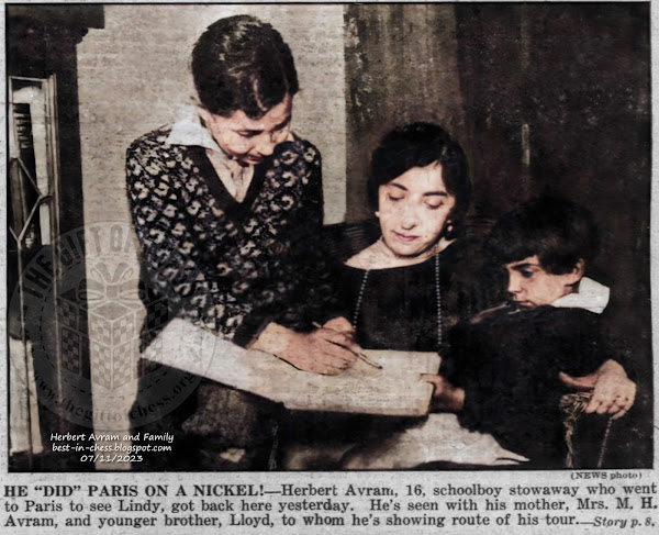 He “Did” Paris On A Nickel!—Herbert Avram, 16, schoolboy stowaway who went to Paris to see Lindy, got back here yesterday. He's seen with his mother, Mrs. M. H. Avram, and younger brother, Lloyd, to whom he's showing route of his tour.