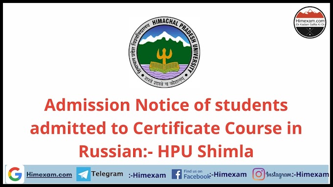 Admission Notice of students admitted to Certificate Course in Russian:- HPU Shimla