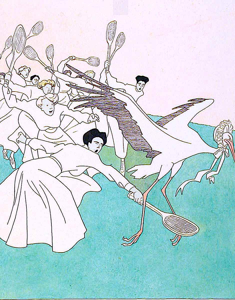 an Olaf Gulbransson cartoon of women chasing away a stork which symbolizes childbirth