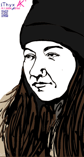 Восточная девушка в чёрной шапке, с шикарными, длинными тёмно-каштановыми волосами распущенными поверх бежевого пальто. Автор рисунка: художник #iThyx