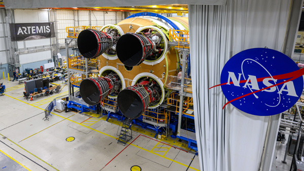 At NASA's Michoud Assembly Facility in New Orleans, Louisiana, all four RS-25 engines have been installed on the Space Launch System (SLS) core stage booster that will be used on the Artemis 2 Moon mission...as of September 20, 2023.